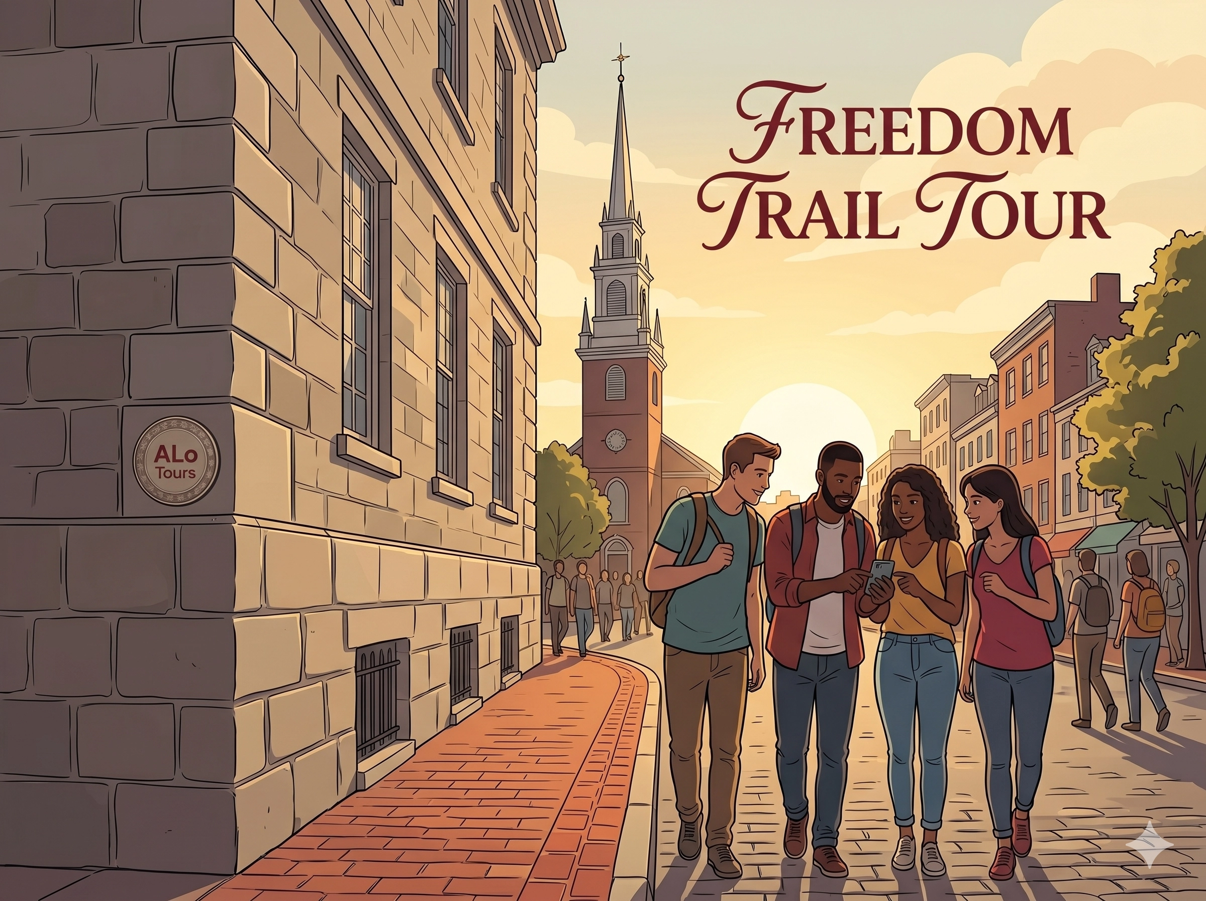 Tourists walking down a cobblestone street on the Freedom Trail